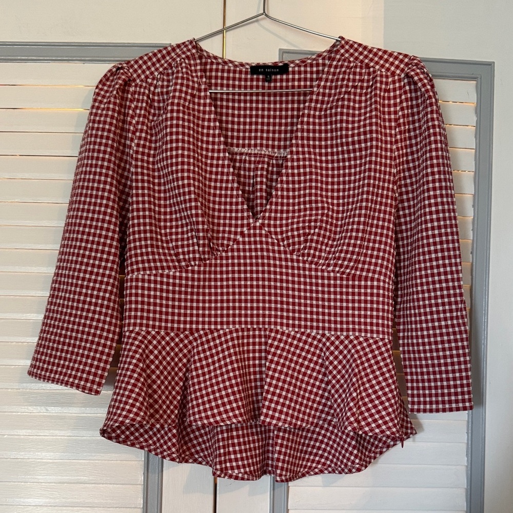 En Saison Deep Red Checkered Peplum Blouse